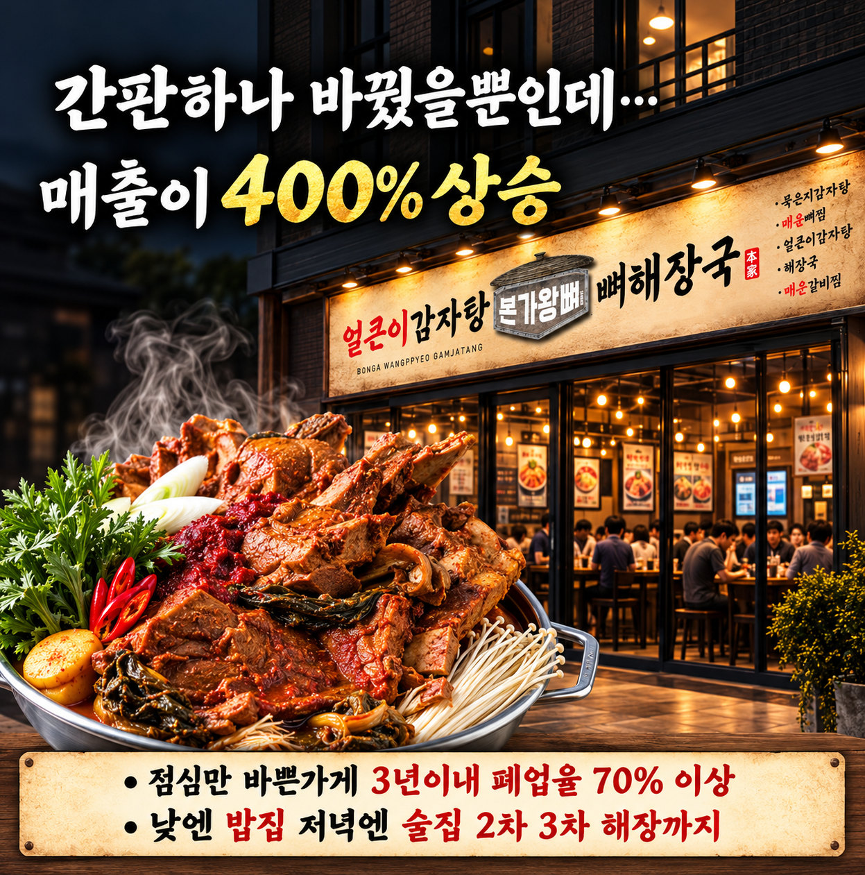 간판하나 바꿨을뿐인데… 매출이 400% 상승. 김이 나는 감자탕 냄비와 본가왕뼈감자탕 매장. 점심만 바쁜가게 3년이내 폐업율 70% 이상, 낮엔 밥집 저녁엔 술집 2차 3차 해장까지