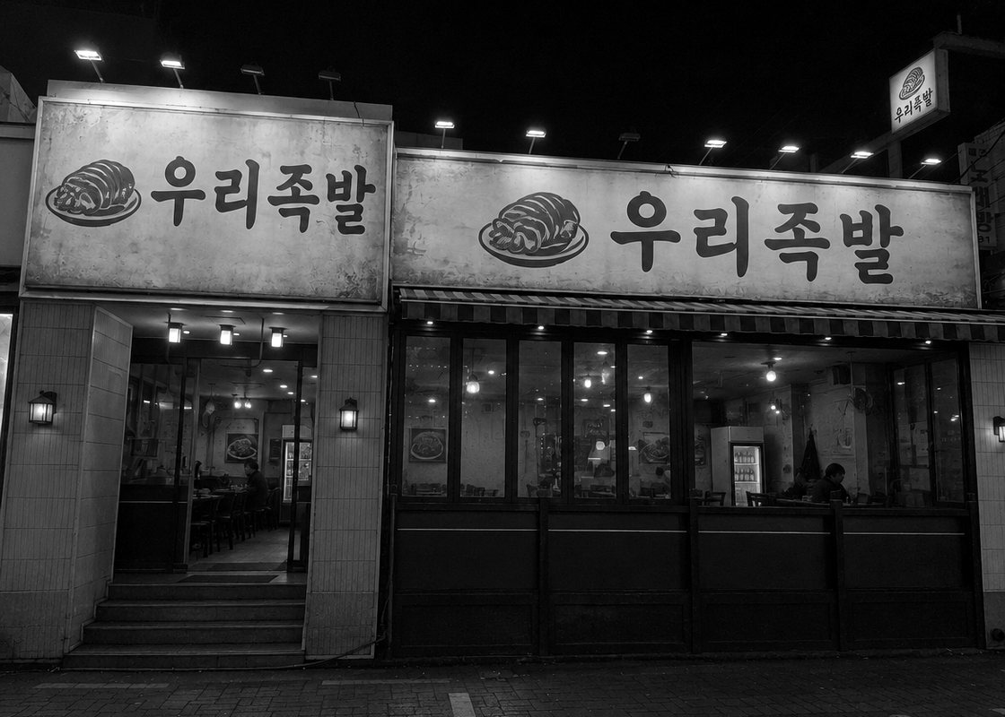 간판 바꾸기 전 가게 연출 사진(우리족발, 흑백)