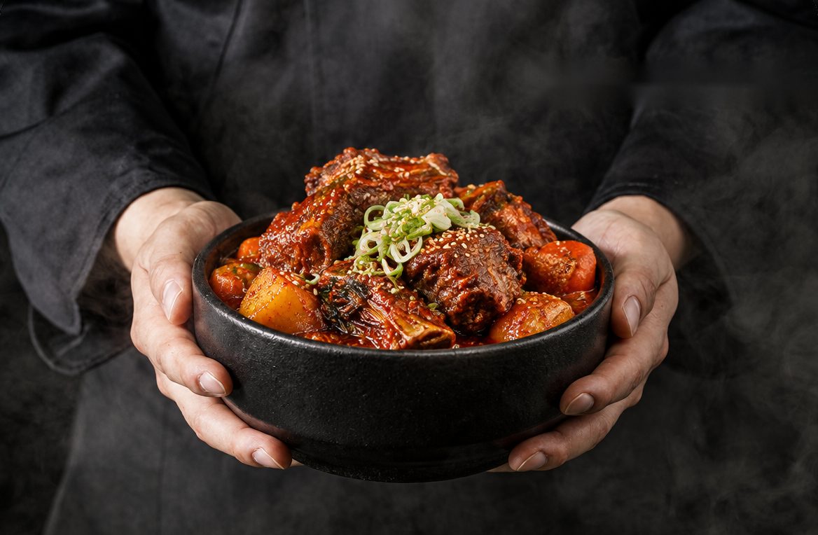두 손으로 든 뚝배기 매운돼지갈비찜